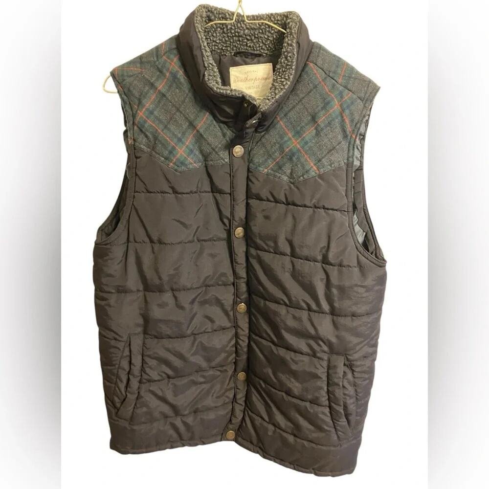 Weatherproof Vintage Mens Puffer Vest Medium Black Plaid Cabincore Outdoor - Picture 2 of 9